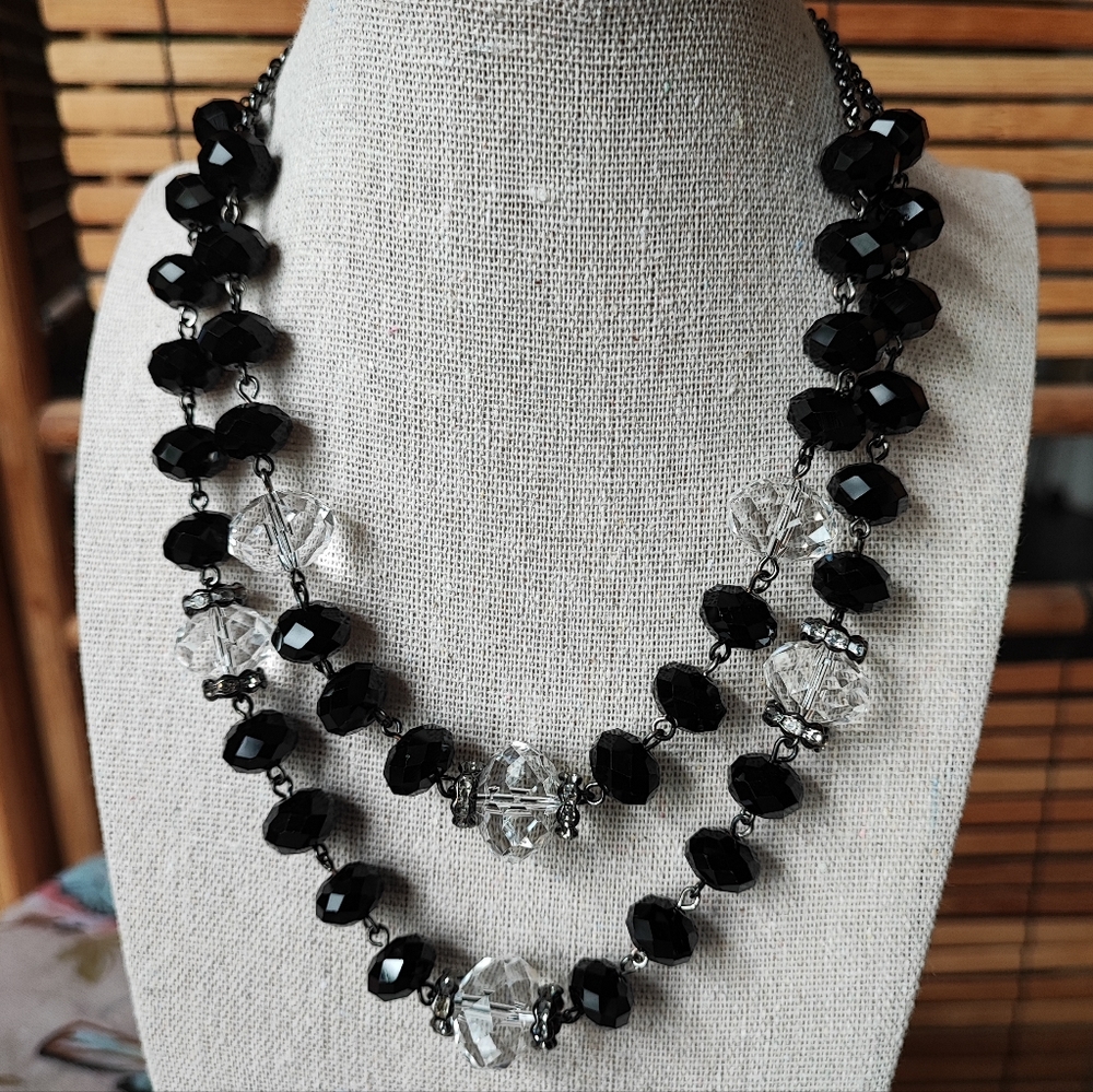 Trifari Crown Logo Glass Faceted Black and Clear Beads Dark Gunmetal Dual Strand